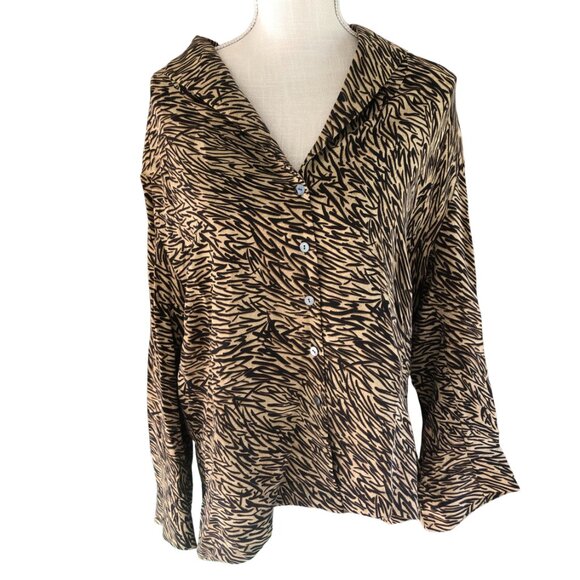 Barry Bricken Silk Blend Shirt XL Brown Black Animal Print Button Up Top - Picture 8 of 10